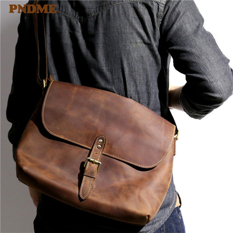 PNDME fashion trend vintage crazy horse cowhide men's shoulder bag outdoor casual daily designer genuine leather messenger bag ► Photo 1/6