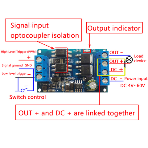 High Power Dual MOS FET Trigger Drive Switch Module PWM Adjust Switch Control DC 4V-60V 600W High Low Level Trigger MCU IO PLC ► Photo 1/2