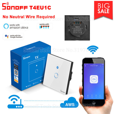 SONOFF T4EU1C WIFI Touch 1 Gang EU No Neutral Wire Required Smart Wall Switches 