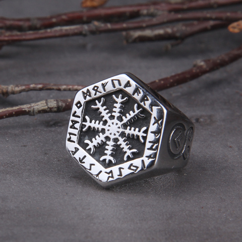 Viking Compass Vegvisir Aegishjalmur Runic Statement Ring Mens Vintage Nordic Viking Totem Odin Biker Rings Jewelry ► Photo 1/6