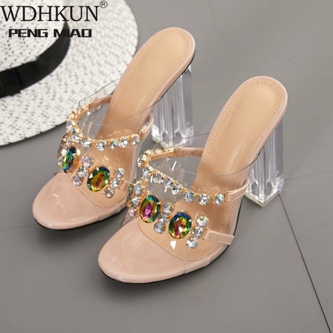 WDHKUN Summer Fashion Crystal Diamond Slides Clear PVC Transparent Slippers Women Shoes Peep Toe High Heels Mules Dress Pumps ► Photo 1/6