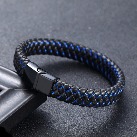 MKENDN High Quality Punk Men Black Blue Braided Leather Bracelet for Men Magnetic Clasp Fashion Jewelry ► Photo 1/6