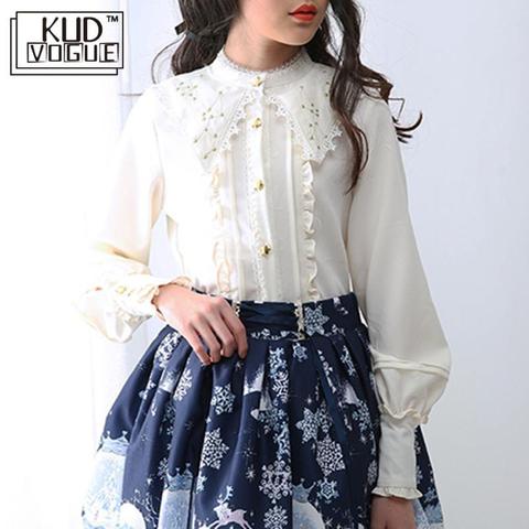 Vintage Embroidery Gold Star Lolita Blouse Women's Lace Long Flare Sleeve Chiffon Shirt Ruffle Gothic Blouse Red Black White Top ► Photo 1/6
