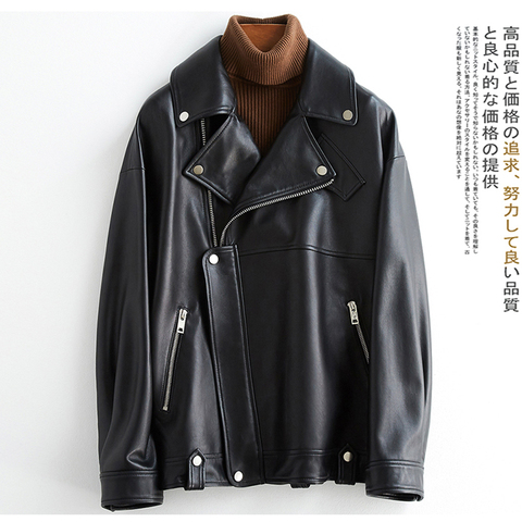 Nerazzurri white black plus size pu leather jackets for women long sleeve zipper loose spring faux leather biker jacket women ► Photo 1/6