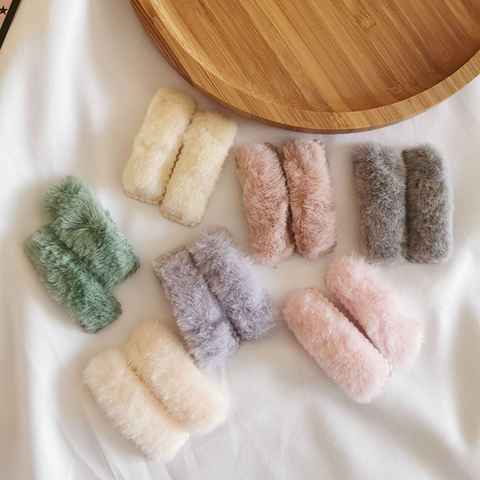 2Pcs/Set Winter Plush Square Hairpins Candy Color Faux Fur Hair Clip Barrettes for Girls Fashion Kids Hair Accessories Headwear ► Photo 1/6