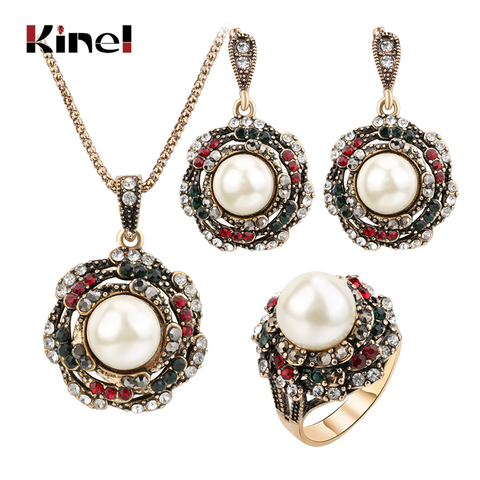 Kinel 3Pcs Vintage Imitation Pearls Jewelry Sets For Women Antique Gold Crystal Wedding Necklace Earrings Ring Turkish Jewelry ► Photo 1/6