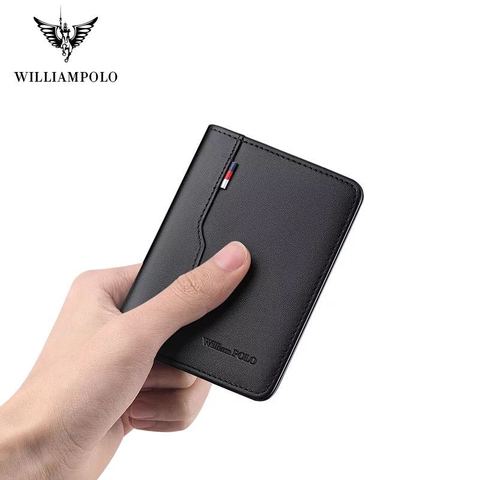 WILLIAMPOLO Men's ultra-thin 100% leather wallet leisure double fold small wallet credit card package ► Photo 1/6