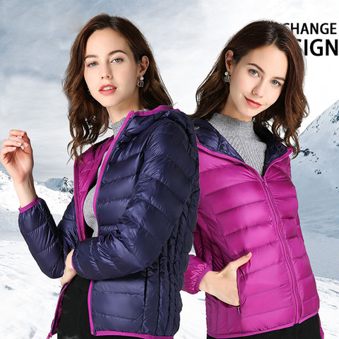 Women Ultra Light Down Jacket Hooded Jackets Long Sleeve Double Side Wear Reversible Lightweight Warm Coats ► Photo 1/3