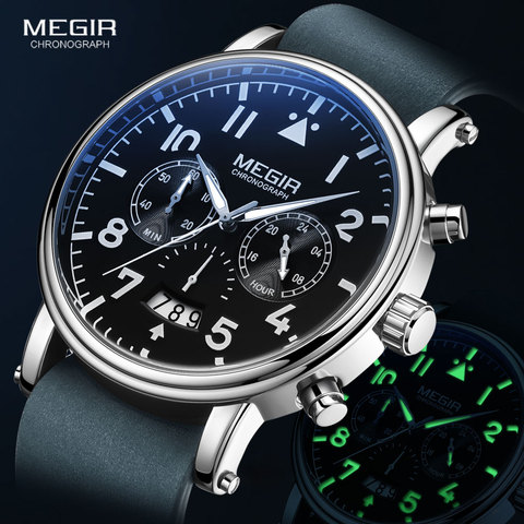 MEGIR Genuine Leather Strap Quartz Watches Men 2022 New Fashion Chronograph Watch for Man Blue Luminous Wristwatch Relojes ► Photo 1/6