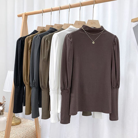 Women Slim Shirt Turtleneck Solid Color Tops Long Sleeve T-Shirt Female Autumn Tops and Tees Puff sleeve Casual T-shirts S-2XL ► Photo 1/6