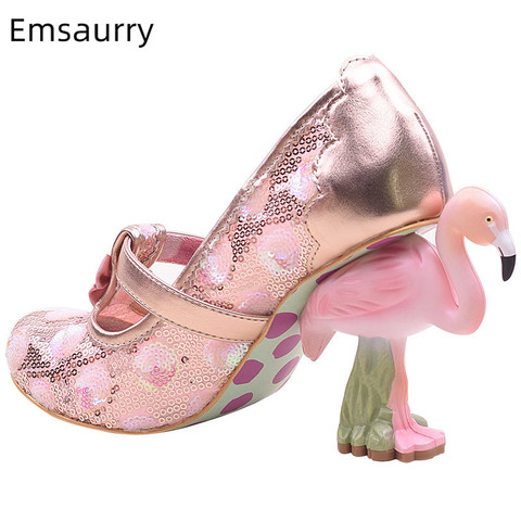 Flamingo High Heel Pumps Women Pink Weding Shoes Bridal Round Toe Slim Shallow Flower Print Bling Sequins Zapatos De Mujer ► Photo 1/6