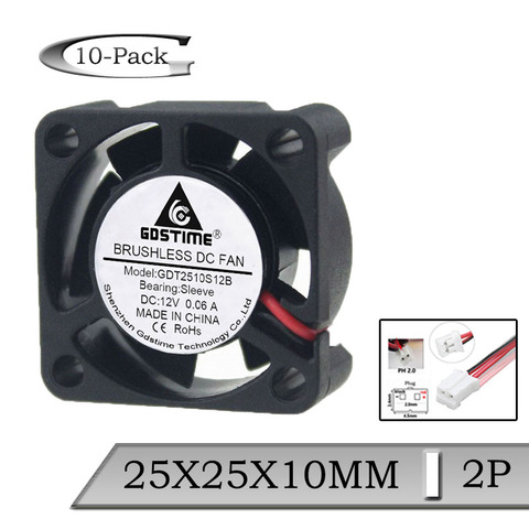 10PCS Gdstime 12V 2Pin 25MM 25 x 25 x 10mm 2510 DC Axial 12 volt Cooler Fan ► Photo 1/6