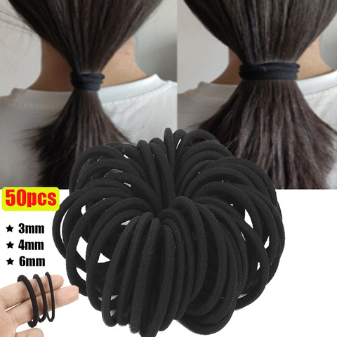 50pcs Black Hairbands for Thick & Less Hair  Elastic Rubber Bands Ropes Basic Hair Ties Hairband Ponytail Holders 3mm 4mm 6mm ► Photo 1/6