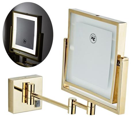 Dressing Mirror 8 inch two side 3X /1X Wall Mounted Gold Square LED Mirror Folding Brass Makeup Mirror Cosmetic Mirror Lady Gift ► Photo 1/6