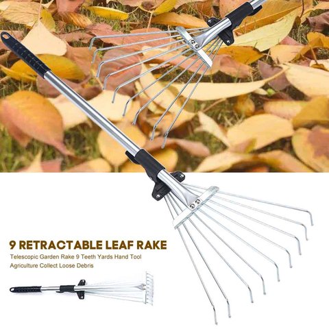 9 Teeth Telescopic Garden Rake Fan Broom Collect Loose Debris Gardening Tools  Yards Lightweight Lawn Tool Grass Rake ► Photo 1/6