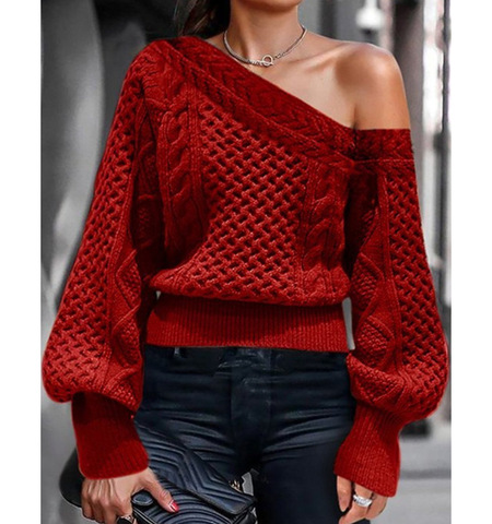 Autumn Winter Sweater Women Solid Red Knitted Off Shoulder Long Lantern Sleeve Loose Soft Jumper Long Sleeve Sweaters Plus Size ► Photo 1/6