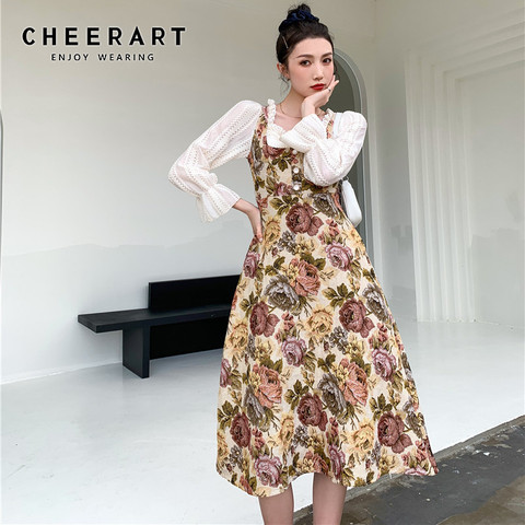 CHEERART Vintage Fake 2 Piece Floral Jacquard Long Sleeve Dress Women Flare Sleeve Square Neck A Line Ladies Dress 2022 Fashion ► Photo 1/6