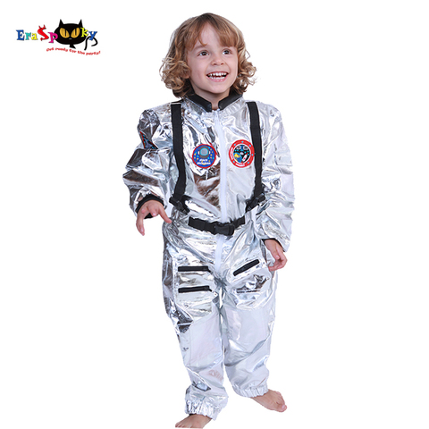 Eraspooky Boys Spaceman One-piece Jumpsuit Silver Astronaut Cosplay Children Pilot Uniform Helmet Halloween Costume Kids Party ► Photo 1/6