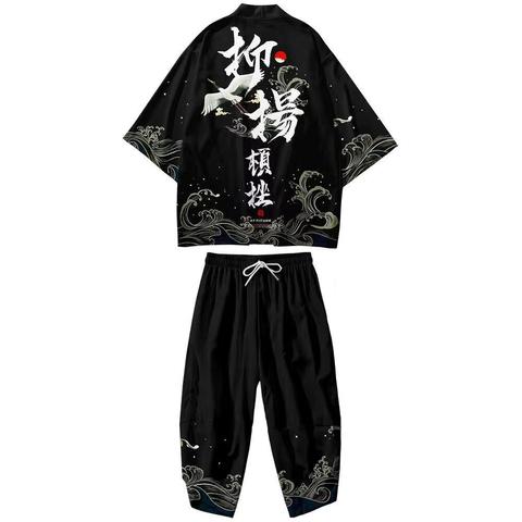 Big Size 5XL 6XL Kimono Cardigan Trousers Suit Men Novelty Print Japanese Samurai Clothing Loose Yukata Chinese Style Streetwear ► Photo 1/6