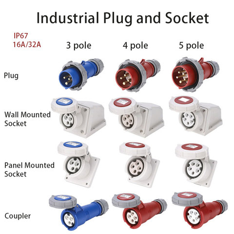 Industrial Plug and Socket 16A 32A 3 pole 4 pole 5 pole ip67 Wall Mounted Socket Panel Mounted Coupler Waterproof 220V 380V 415V ► Photo 1/6