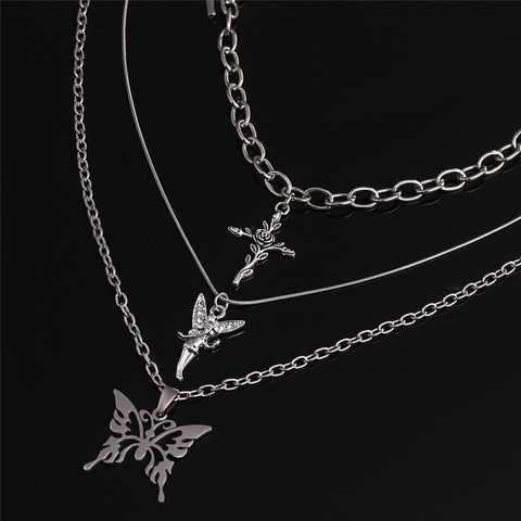 3pcs/set Butterfly Rose Angel Cross Pendant Necklace Silver Multilayer Women Choker Long Chain Necklaces Harajuku Punk Jewelry ► Photo 1/6