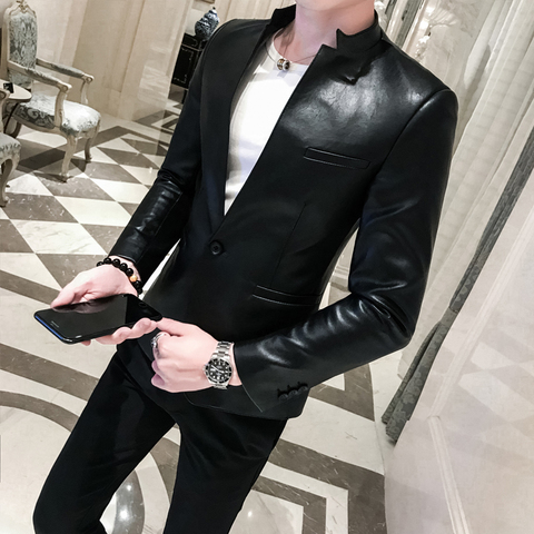 Solid Black Slim Fit Blazer Hombre PU Leather Jacket Men One Button Business Casual Prom Blazers For Men Korean Suit Coat ► Photo 1/6