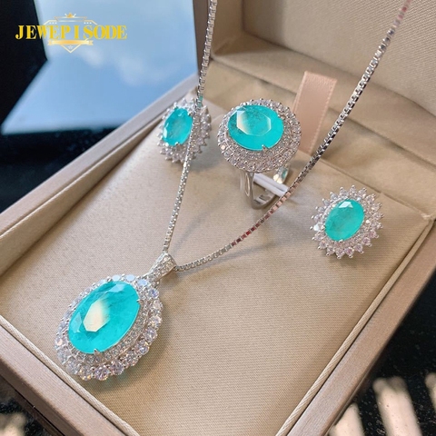 Jewepisode 100% Solid 925 Sterling Silver Paraiba Tourmaline Gemstone Necklace Stud Earrings Ring Fine Jewelry Set Drop Shipping ► Photo 1/6