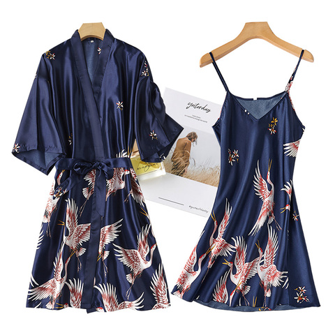 Sexy Nightwear Gown Set Women 2PC Pyjama V-Neck Pajamas Silky Sleepwear Spring Lady Sleep Suit Robe Wear Home Negligee Homewear ► Photo 1/6