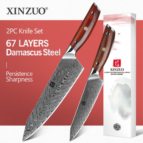 XINZUO 2 PCS Kitchen Knife Brand Cook Sets High hrc Damascus Steel Knife Brand Chef Paring Knives Cooking Tools rosewood Handle ► Photo 1/6