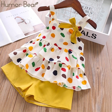 Humor Bear Baby Girls Clothes Suit 2022 Brand NEW Summer Toddler Girl Clothes Dot Bow Vest T-shirt Tops+Shorts Pants 2Pcs Set ► Photo 1/6