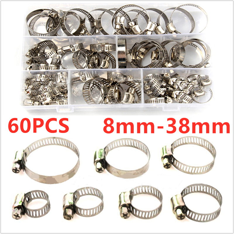 60PCS Stainless Steel Clips Genuine Hose Clips Worm Drive Hose Clamps Pipe Kit