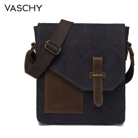 VASCHY Lightweight Irregular Men's Small Messenger Bag Vintage Cowhide Leather Water Resistant Canvas Crossbody Shoulder Bags ► Photo 1/6