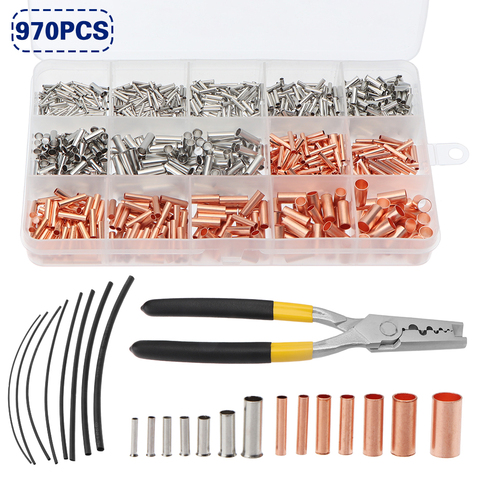 970pcs/set Copper Pipe Connection Joint Wire Small Copper Pipe Cable Crimp Terminal Lug Bushings Kit with Heat Shrink Tube Plier ► Photo 1/6