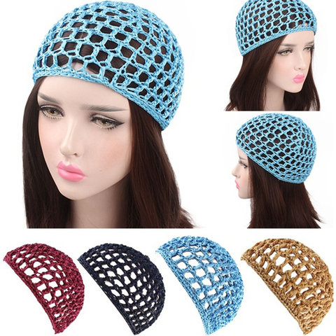 2022 New Women's Mesh Hair Net Crochet Cap Solid Color Snood Sleeping Night Cover Turban Hat Popular Casual Beanie Chemo Hats ► Photo 1/6