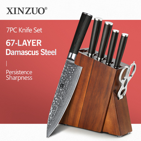 XINZUO 7 PCS  Acacia Wood Knife Block Set with Damascus Steel Kitchen Paring Utility Santoku Chef  Nakiri Cooking Knives Set ► Photo 1/1
