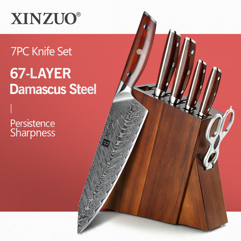 XINZUO 7 PCS Kitchen Knives Set 60±2 HRC Damascus Steel with Rosewood Handle Scissors Acacia Wood Professional Knife Block Set ► Photo 1/6