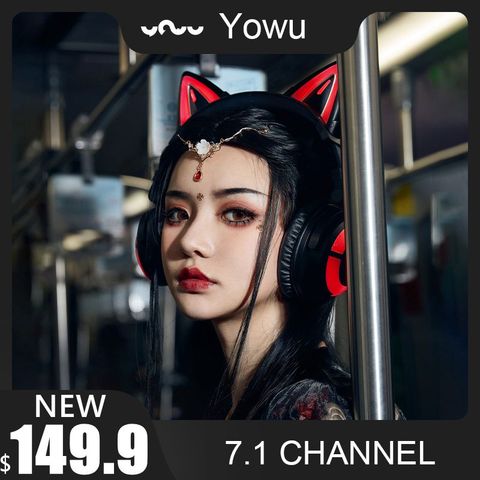 Yowu 2022 NEW cute 3D cat earphones wireless APP control RGB lights with HD Micphone cat casco girl headsets Gift for girlfriend ► Photo 1/6