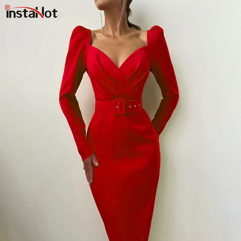 InstaHot Elegant Party Women Dress Slim V Neck Long Sleeve Mid Calf Pencil Dress 2022 Casual Office Lady Solid Red Puff Sleeve ► Photo 1/6