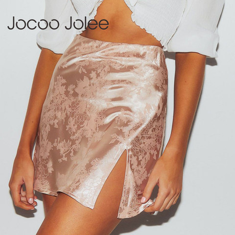 Jocoo Jolee Women Summer Elegant Jacquard Satin Short Skirt Sexy High Waist Split Mini Skirt Vintage Zipper Skirt High Street ► Photo 1/6