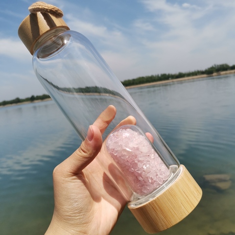 Natural Quartz Crystal Glass Bamboo Cover Water Bottle Rose Quartz Chip Stone Point Wand Healing Infused Elixir Cup As Gift ► Photo 1/6