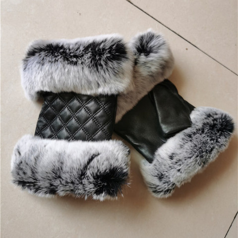 Autumn winter women's plaid fingerless gloves 100% real rex rabbit fur genuine sheepskin mittens ► Photo 1/4