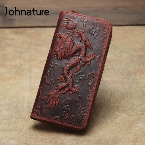 Johnature Retro Crazy Horse Leather Embossed Wallet 2022 New Dragon Pattern Long Men Wallets Card Holder Handmade Cowhide Purse ► Photo 1/6