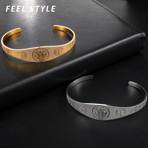 2022 New Catholic Saint Benedict Cuff Bangles 316L Stainless Steel Jesus Cross Adjustable Bracelet For Couple Gift ► Photo 1/6