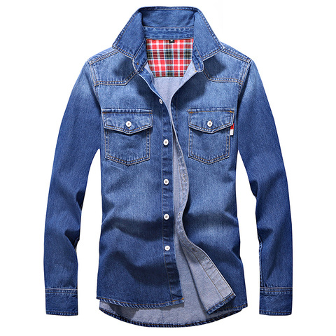 Denim Shirt Men Cotton Jeans Shirt Fashion Autumn Slim Long Sleeve Cowboy Shirt Stylish Wash Slim Tops Asian Size 3XL ► Photo 1/5