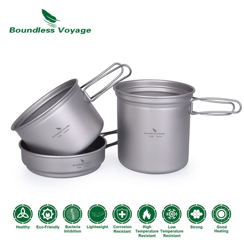 Boundless Voyage Titanium Pot Pan Set with Folding Handle Outdoor Camping Soup Pot Bowl Frying Pan Mess Kit Picnic Cookware ► Photo 1/6