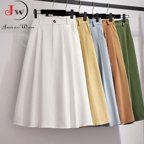 Women Cotton Skirt 2022 Spring Summer Preppy Style Solid Casual Elegant Pocket Elastic High Waist A-Line Midi Skirts Faldas ► Photo 1/6