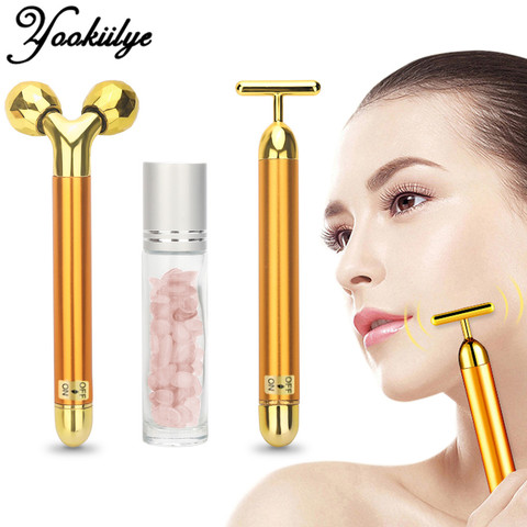 3 in 1 Energy Beauty Bar 24k Golden Vibrating Facial Roller Massager Face Lifting Anti-wrinkle Skin Care Gemstone Roller Ball ► Photo 1/6