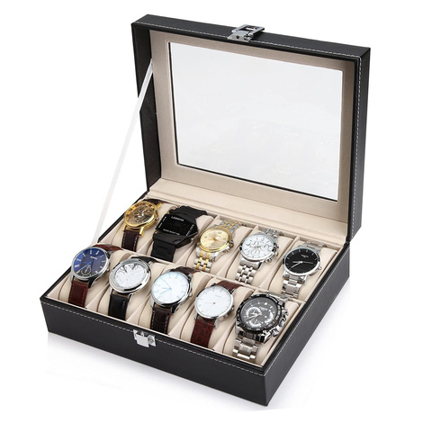 6/10/12 Slot Leather Watch Box Display Case Organizer Glass Jewelry Storage for Men & Women Metal Buckle Black ► Photo 1/6