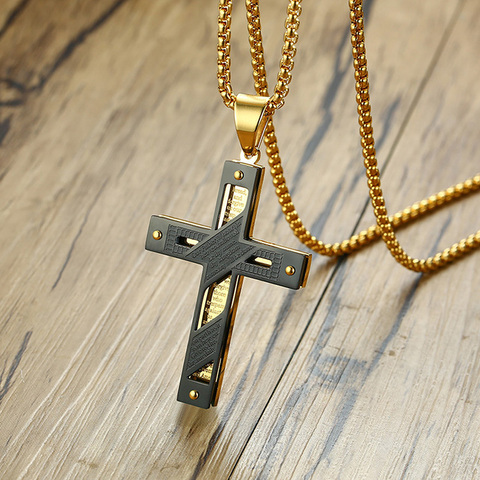 Vnox Double Layer Cross Pendant Stainless Steel Men Necklace Nailed Cross Bible Jewelry Casual Male Faith Bijoux ► Photo 1/6