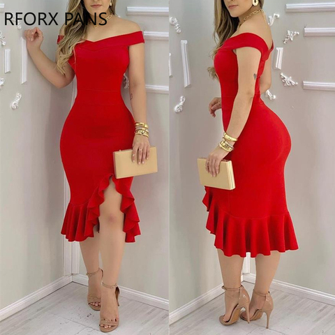 Women Plain Off Shoulder Ruffle Hem Slit Dress Maxi Dress Bodycon Dress Sexy Dress for Women ► Photo 1/4